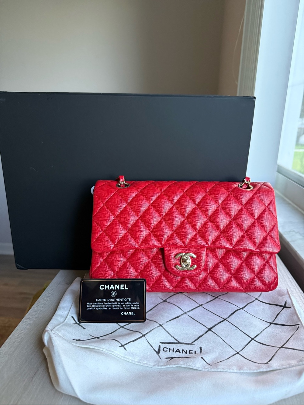 Chanel Red Quilted Classic Double Flap Shoulder Bag with Gold Hardware